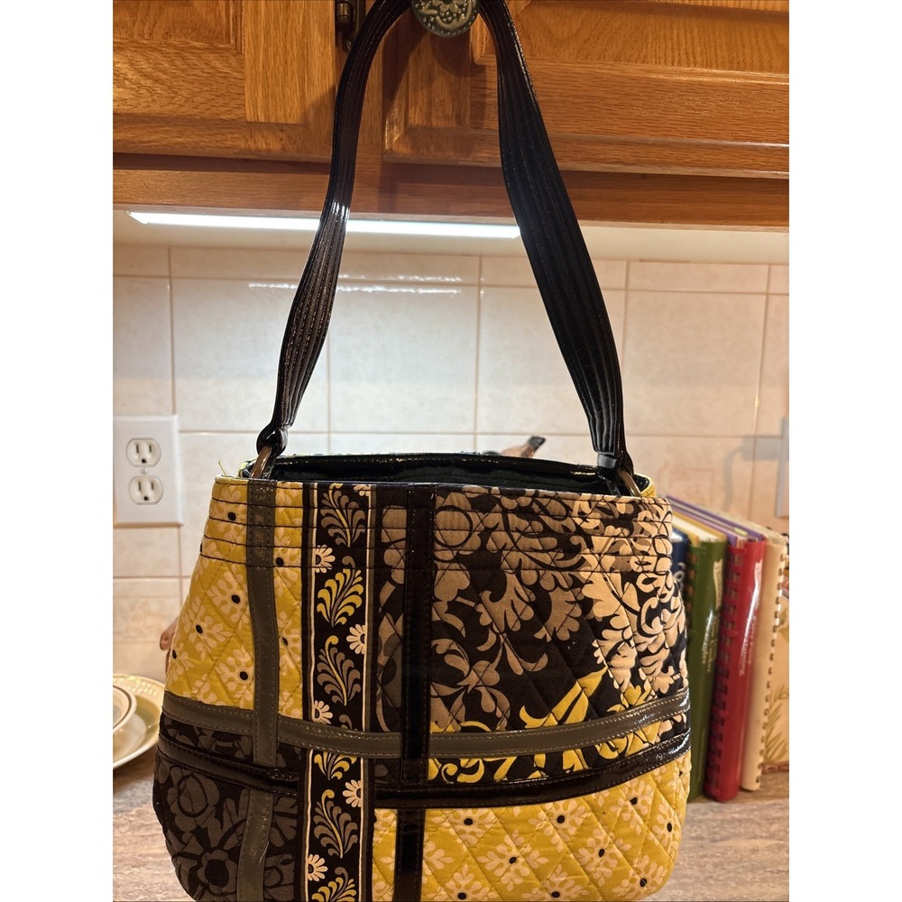 Vera Bradley Retired "Baroque" Purse Hand Bag Black Grey Yellow White Print EUC